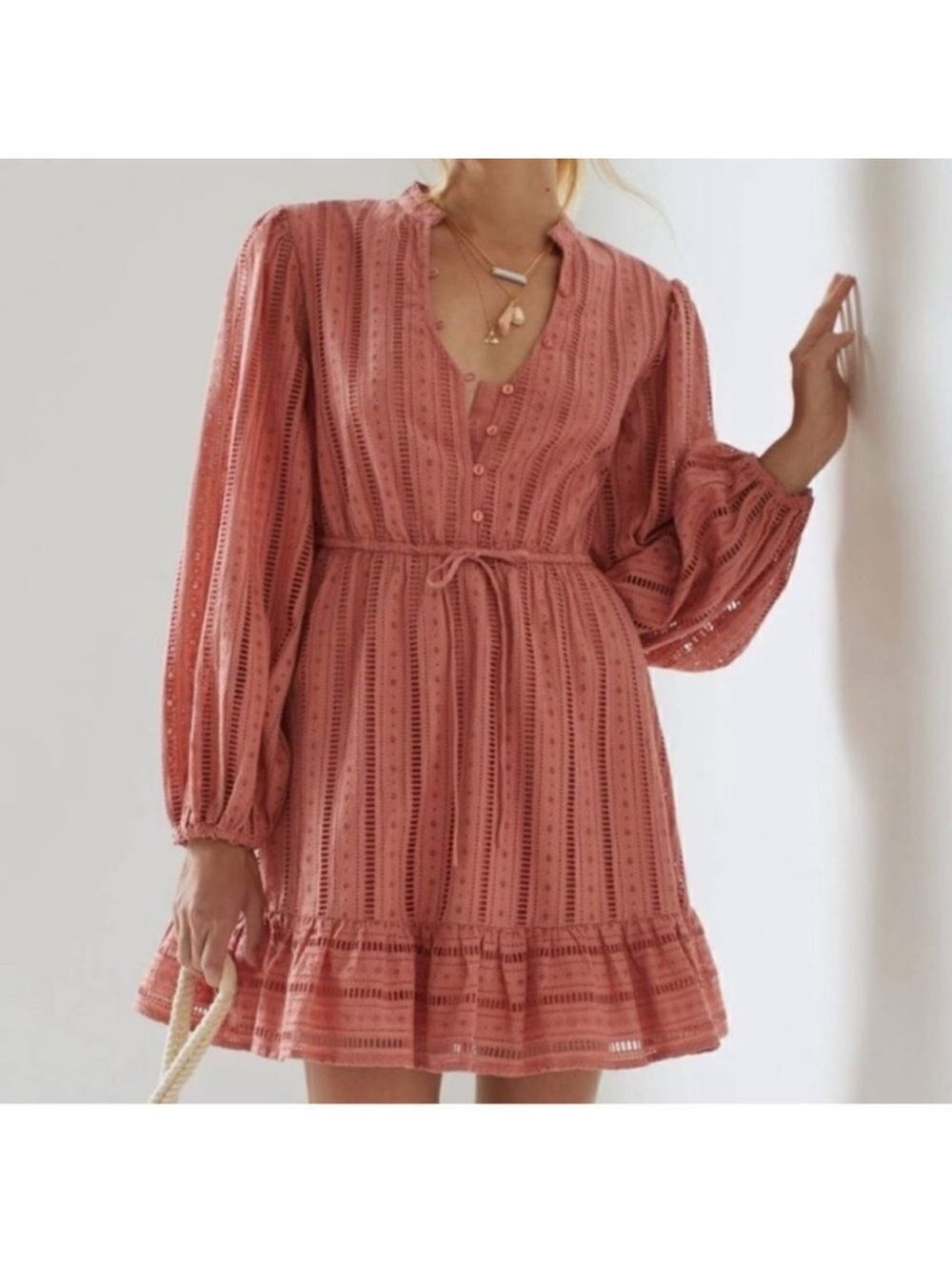 Anthropologie XS forever that girl coral pink peach long sleeve eyelet dress